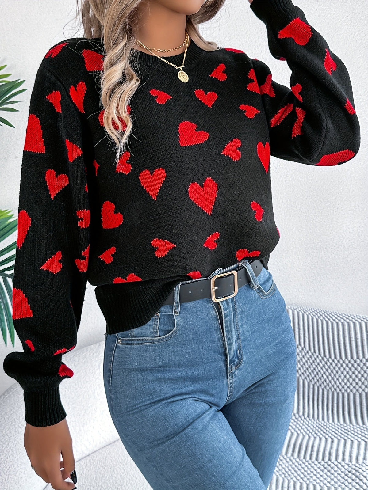 Elin | Pull élégant pour femmes avec col rond et motif de cœurs