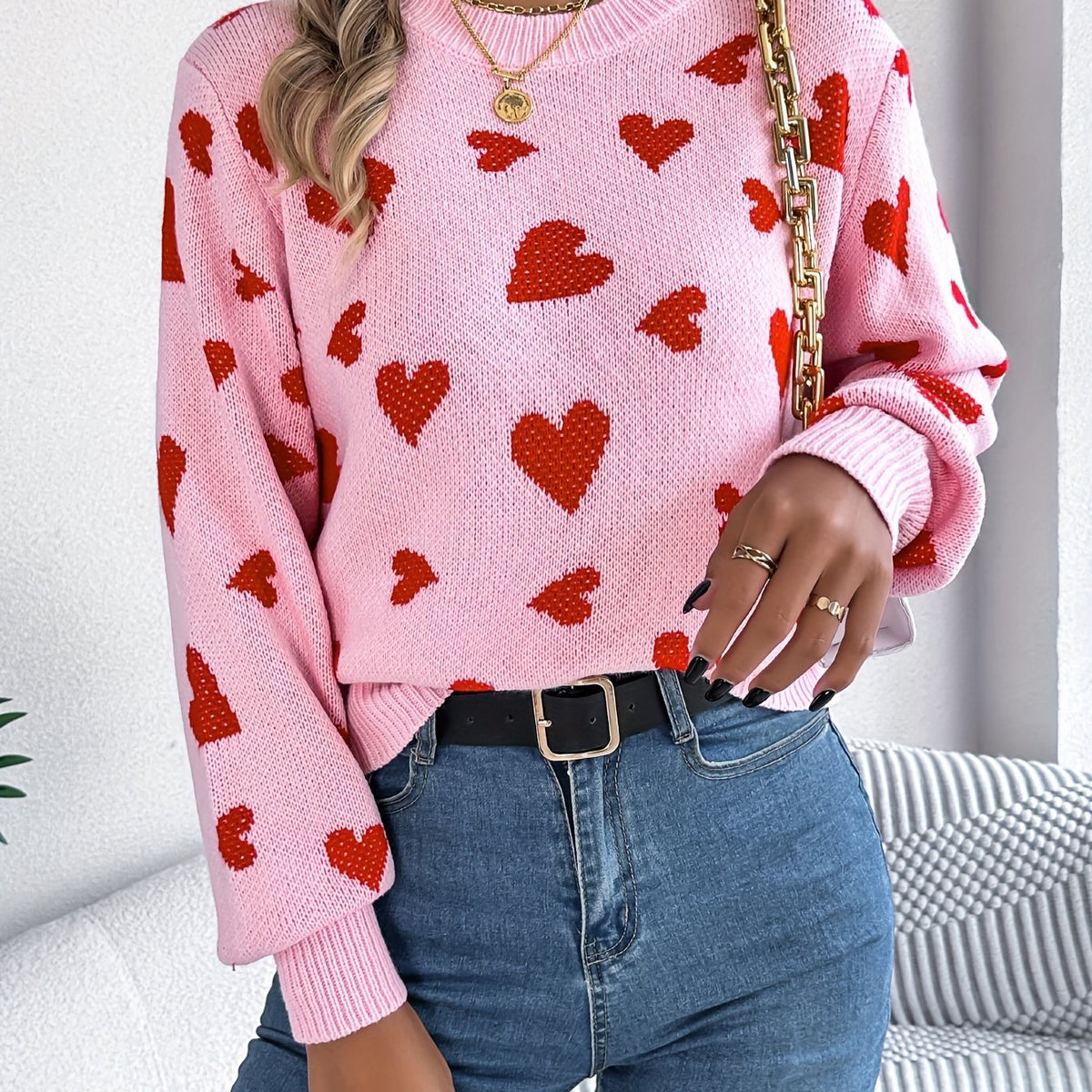 Elin | Pull élégant pour femmes avec col rond et motif de cœurs