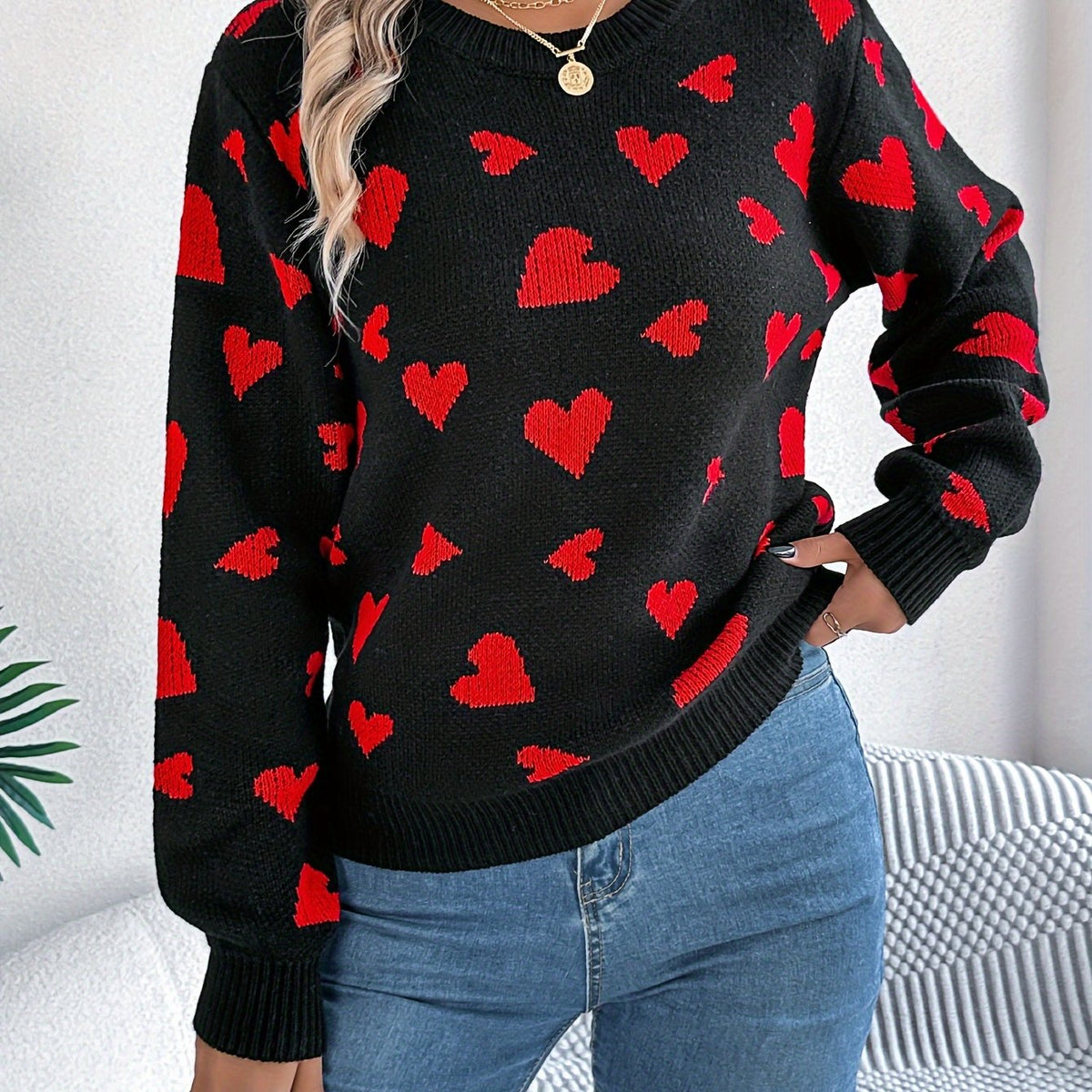 Elin | Pull élégant pour femmes avec col rond et motif de cœurs