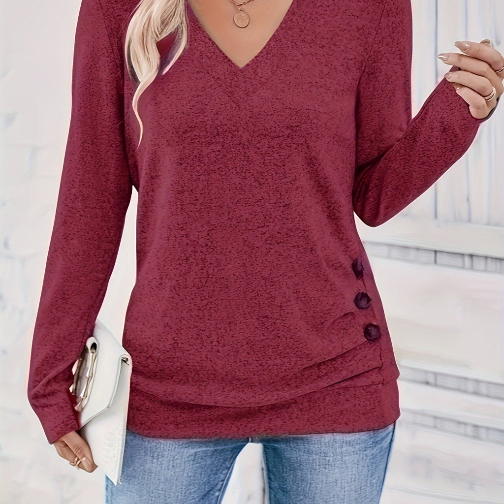 Elise | T-shirt élégant à col en V avec manches longues et détail de bouton
