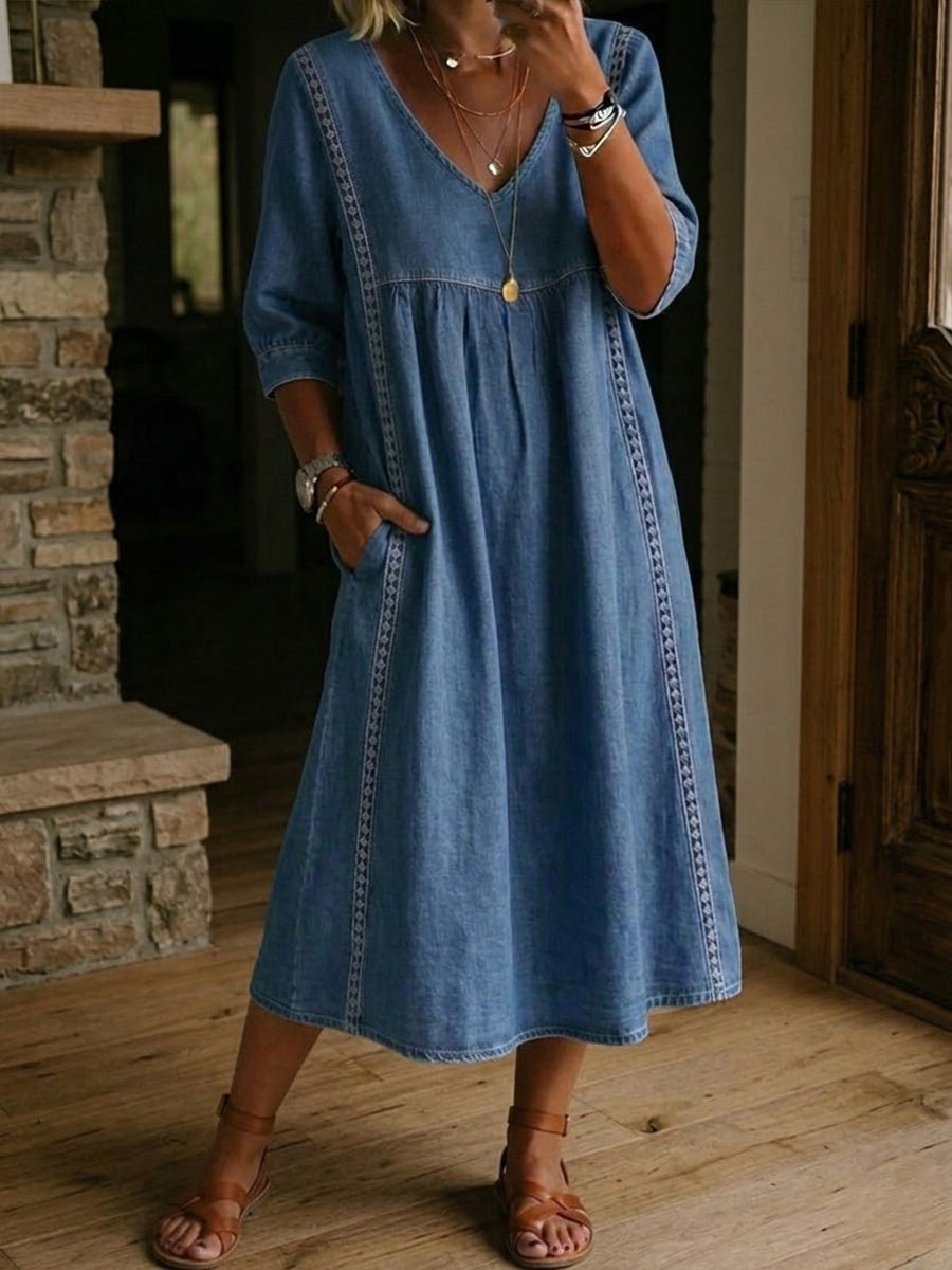 Robe Femme Denim Fluide Col V Détails Dentelle Style Décontracté Élégant