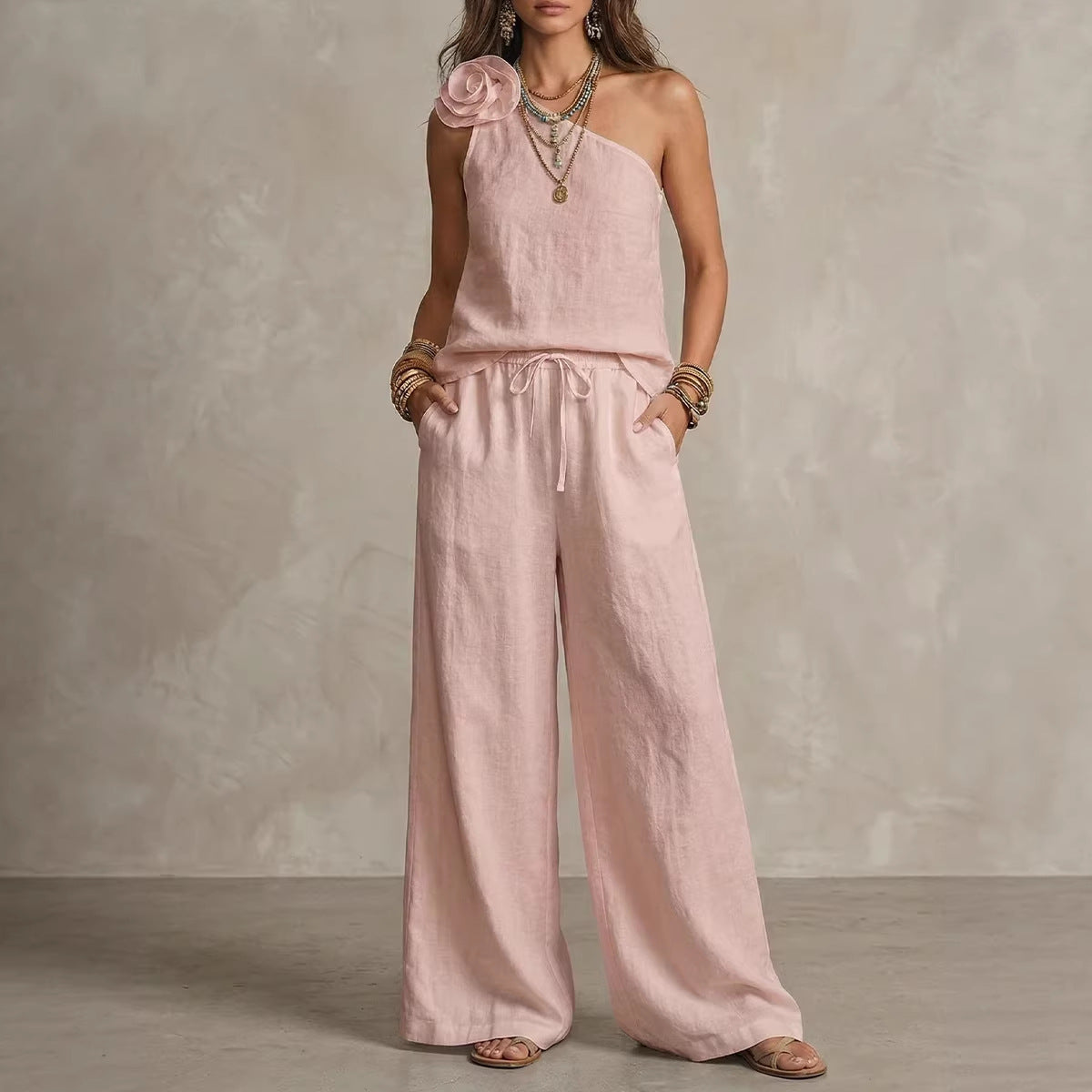 Ensemble Bicolore Élégant - Chemise Sans Manches et Pantalons