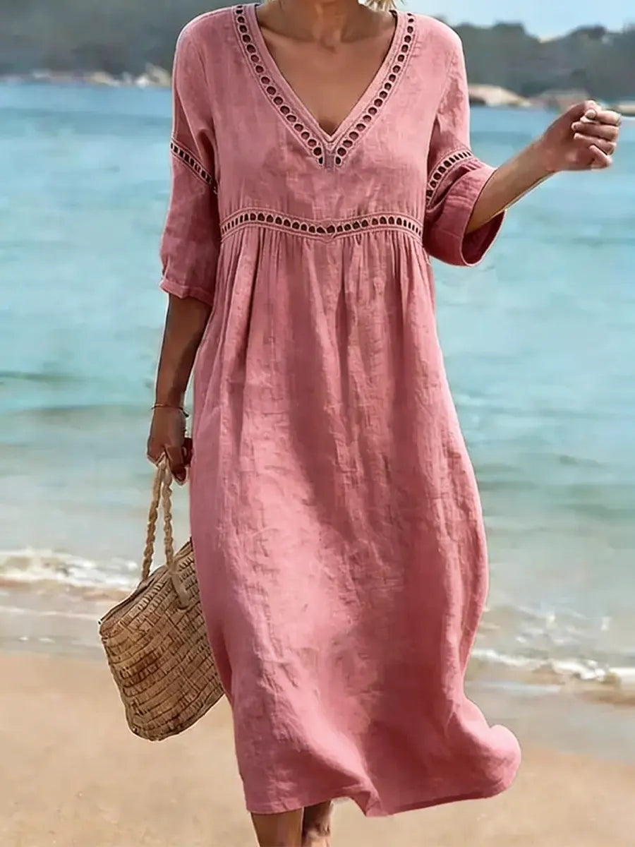 Rynoxa - Robe femme midi fluide col V manches larges style naturel élégant