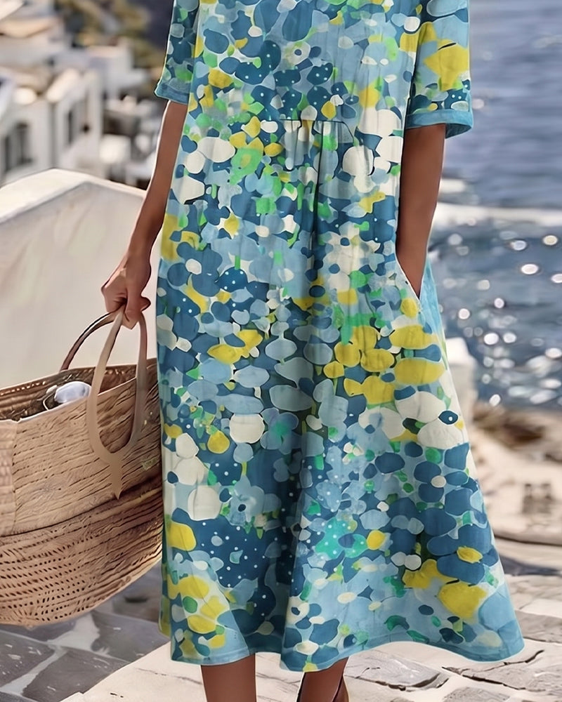 Averixa - Robe femme mi-longue imprimé floral abstrait coton lin été