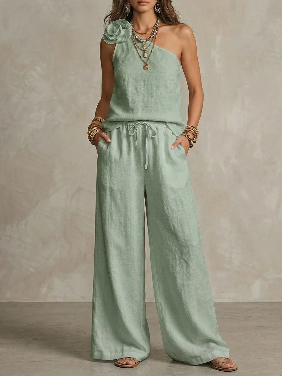 Ensemble Bicolore Élégant - Chemise Sans Manches et Pantalons