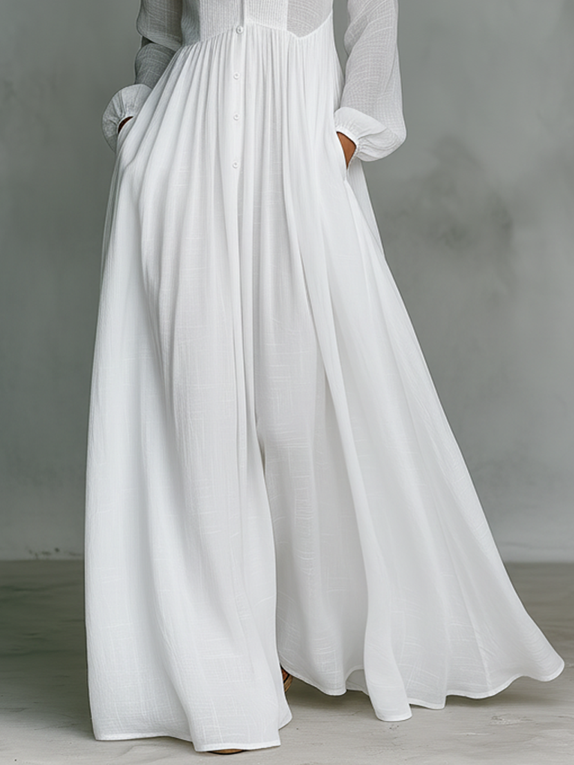 Robe Maxi Minimaliste en Coton et Lin avec Panneaux en Patchwork, Col Montant et Manches Longues