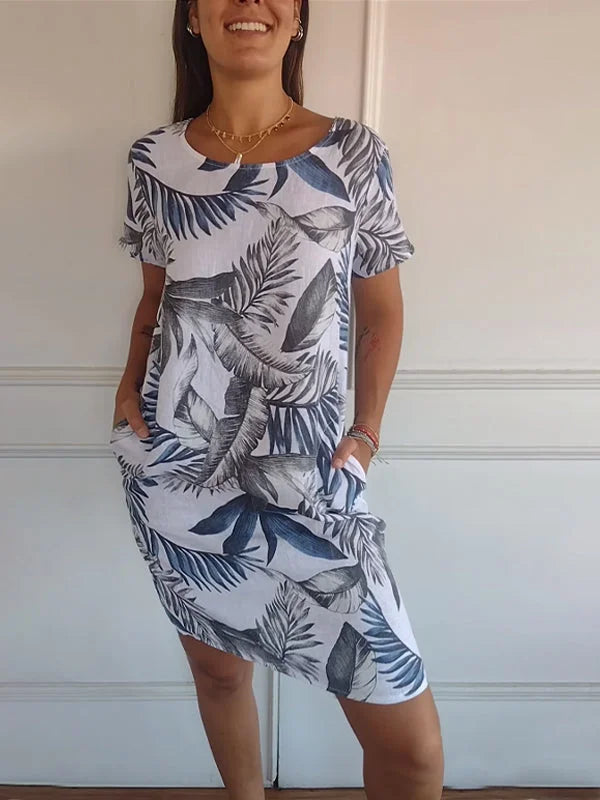 Robe d'été imprimée en coton et lin pour femmes avec poches