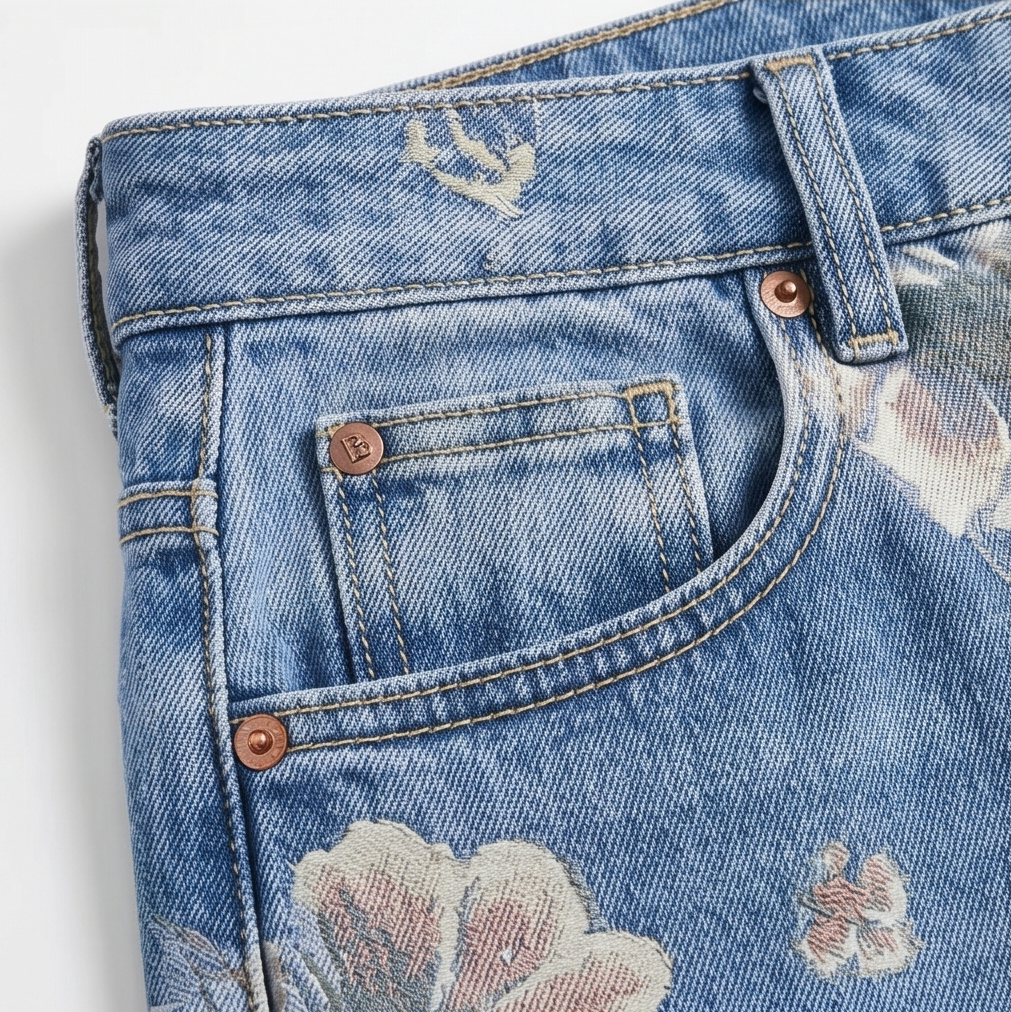 Jean Large Femme Blomara – Bleu Clair, Imprimé Floral