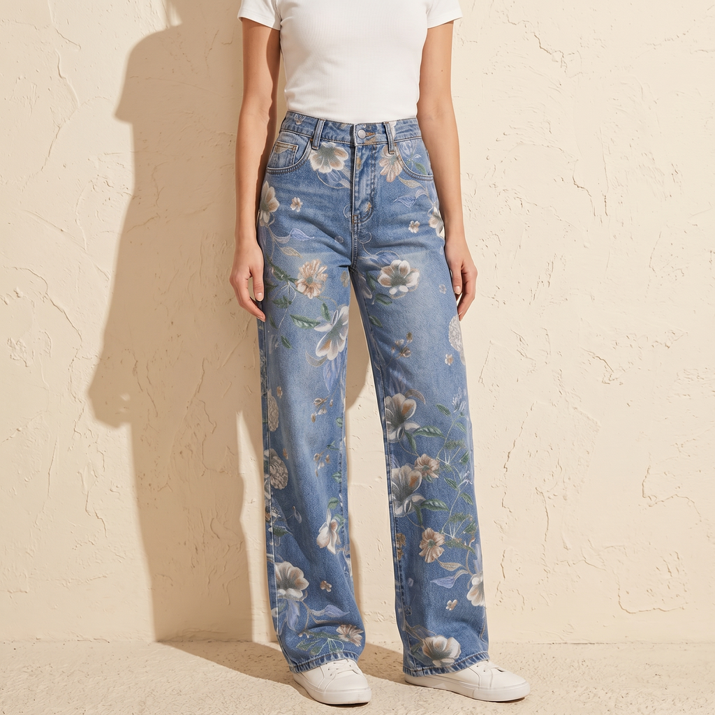Jean Large Femme Blomara – Bleu Clair, Imprimé Floral