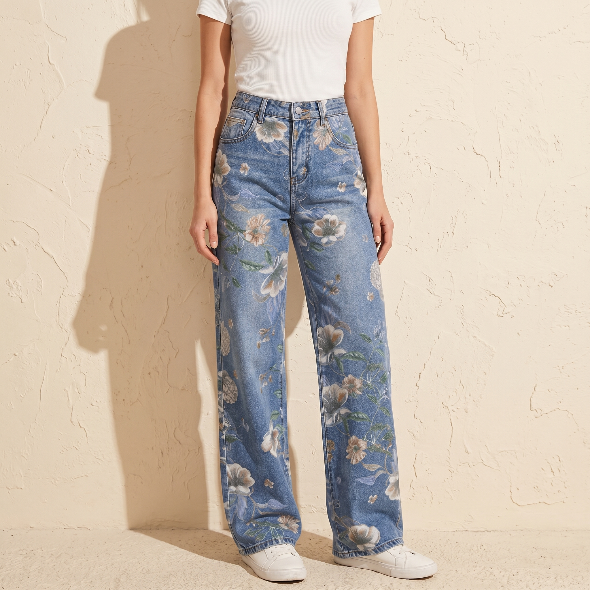 Jean Large Femme Blomara – Bleu Clair, Imprimé Floral