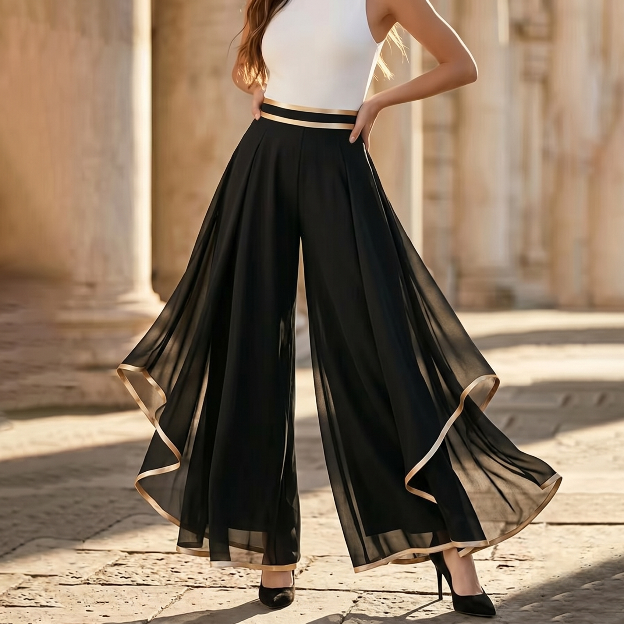 Pantalon Large Femme Florenza – Noir, Garniture Dorée