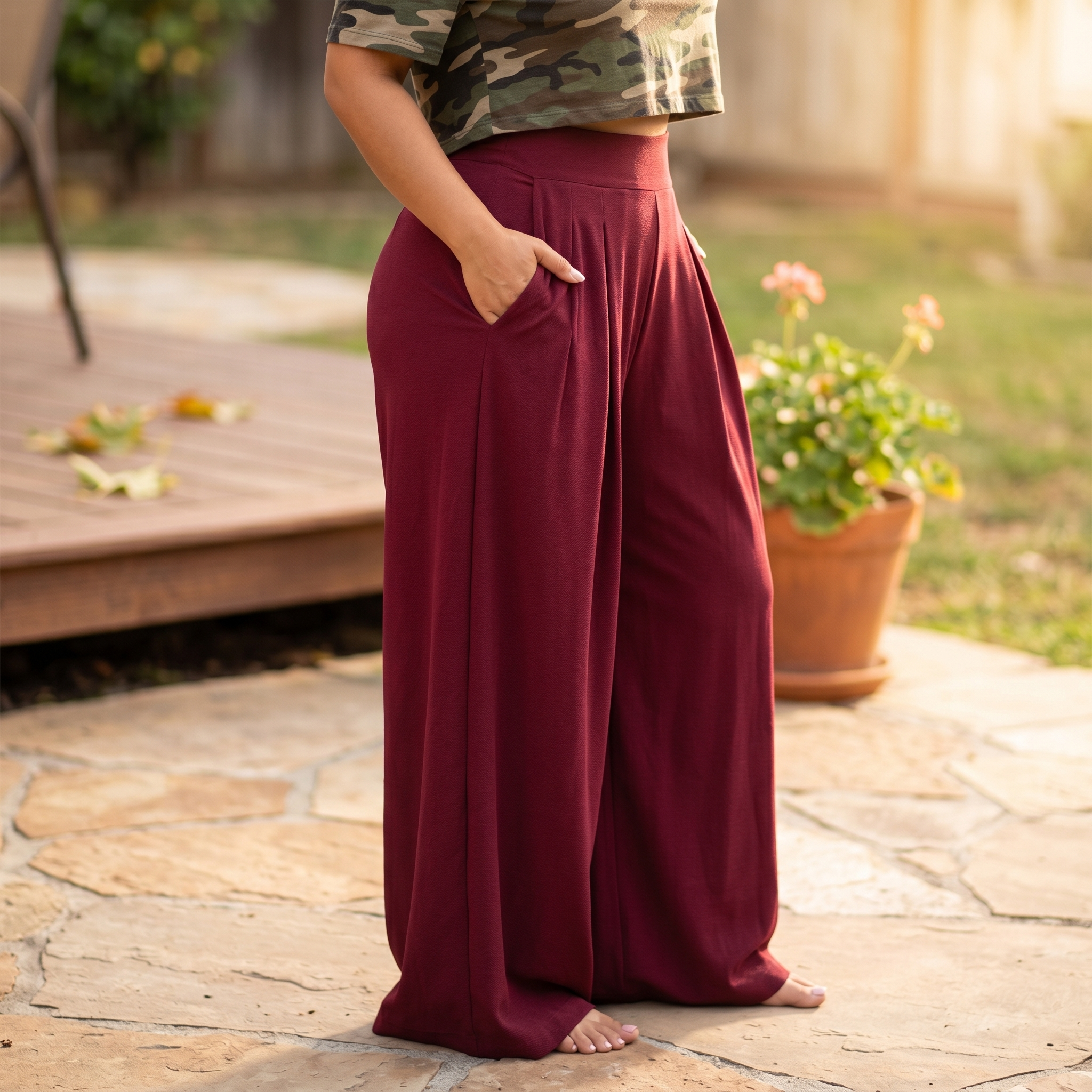 Pantalon Palazzo Femme Curvella – Plissé, Coupe Fluide