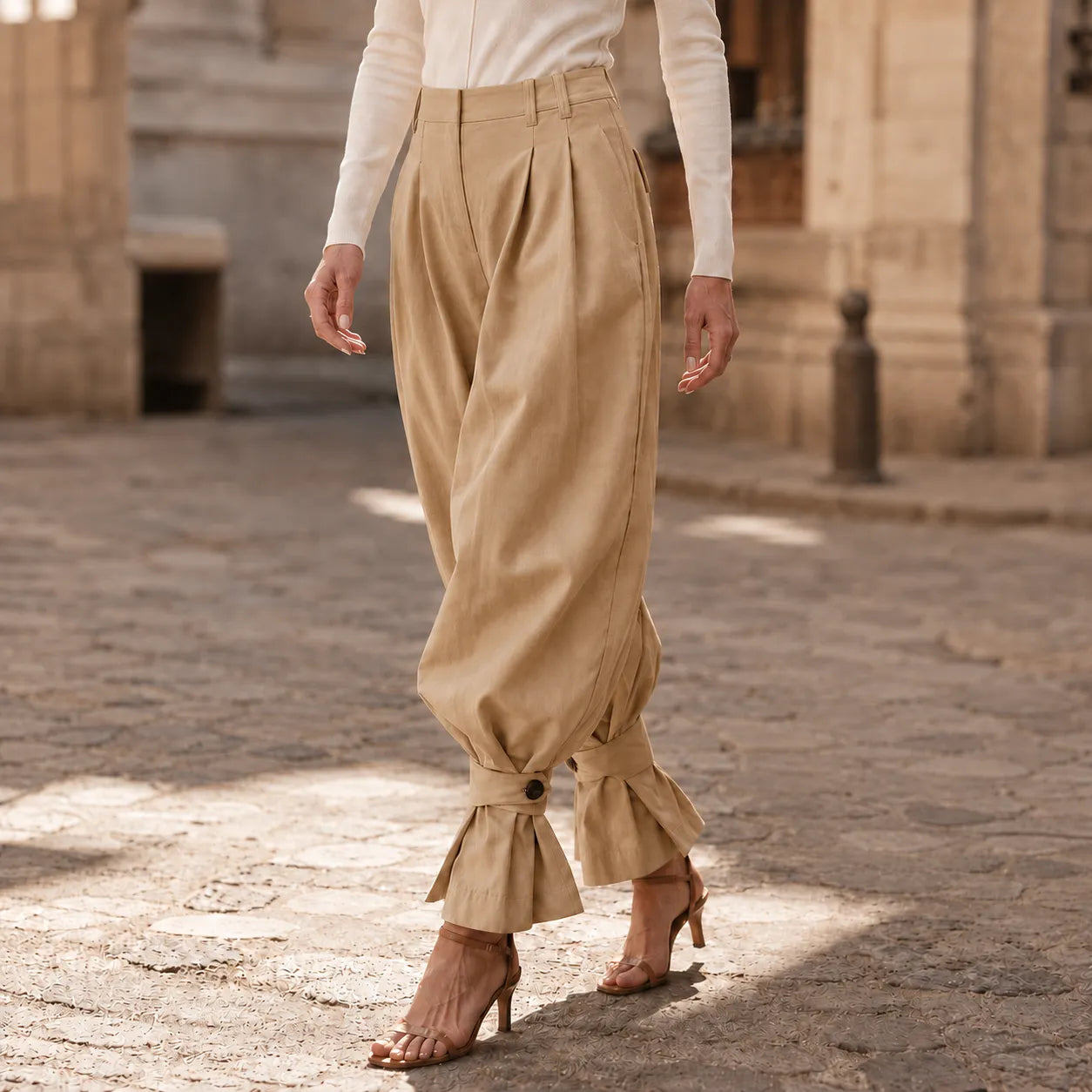 Pantalon Large Femme Marlow – Plissé, Poignets Nœud