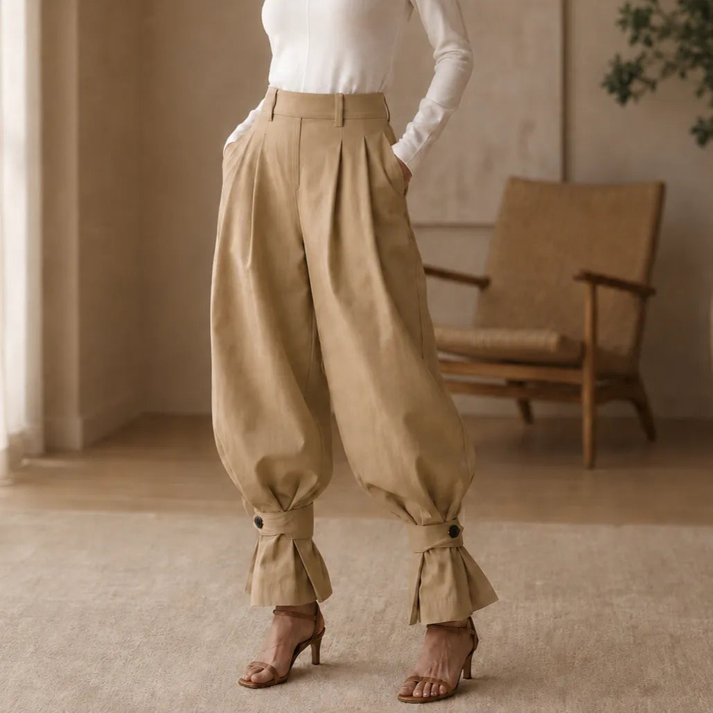 Pantalon Large Femme Marlow – Plissé, Poignets Nœud