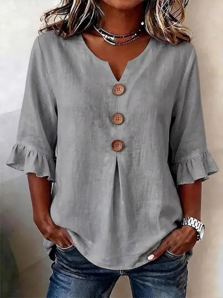 Chemisier Femme Col V Boutonné Manches Mi Longues Coupe Fluide