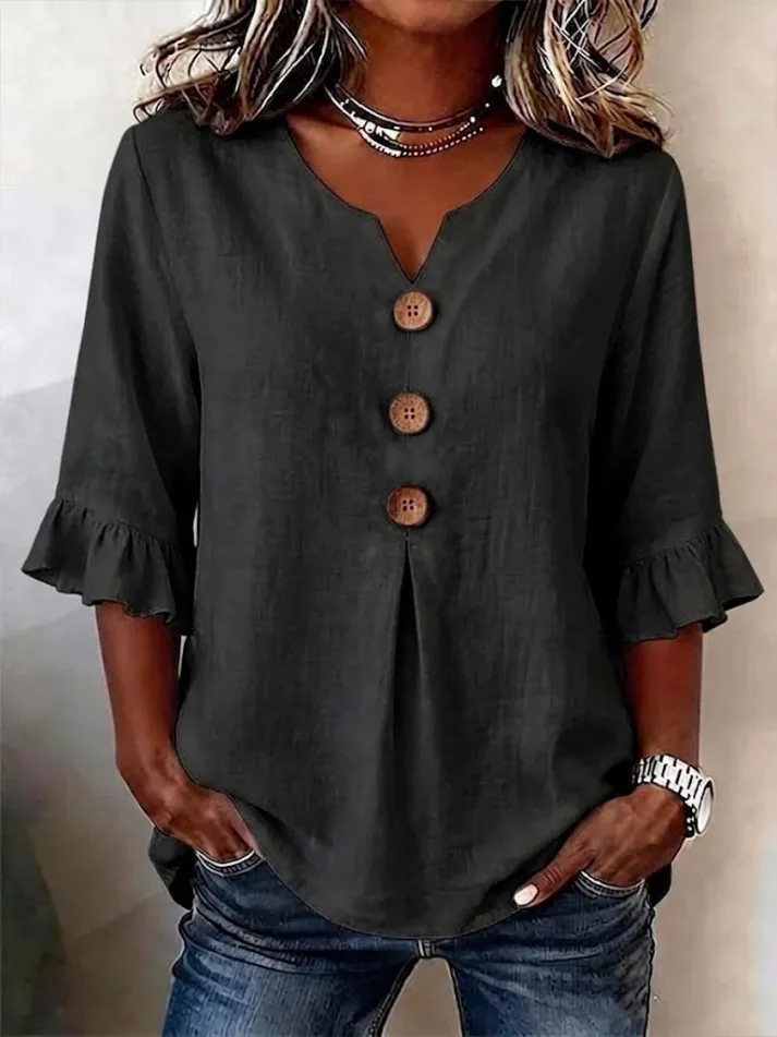 Chemisier Femme Col V Boutonné Manches Mi Longues Coupe Fluide
