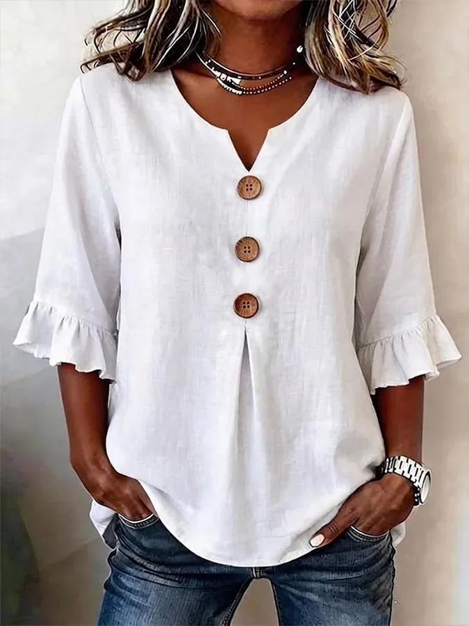 Chemisier Femme Col V Boutonné Manches Mi Longues Coupe Fluide