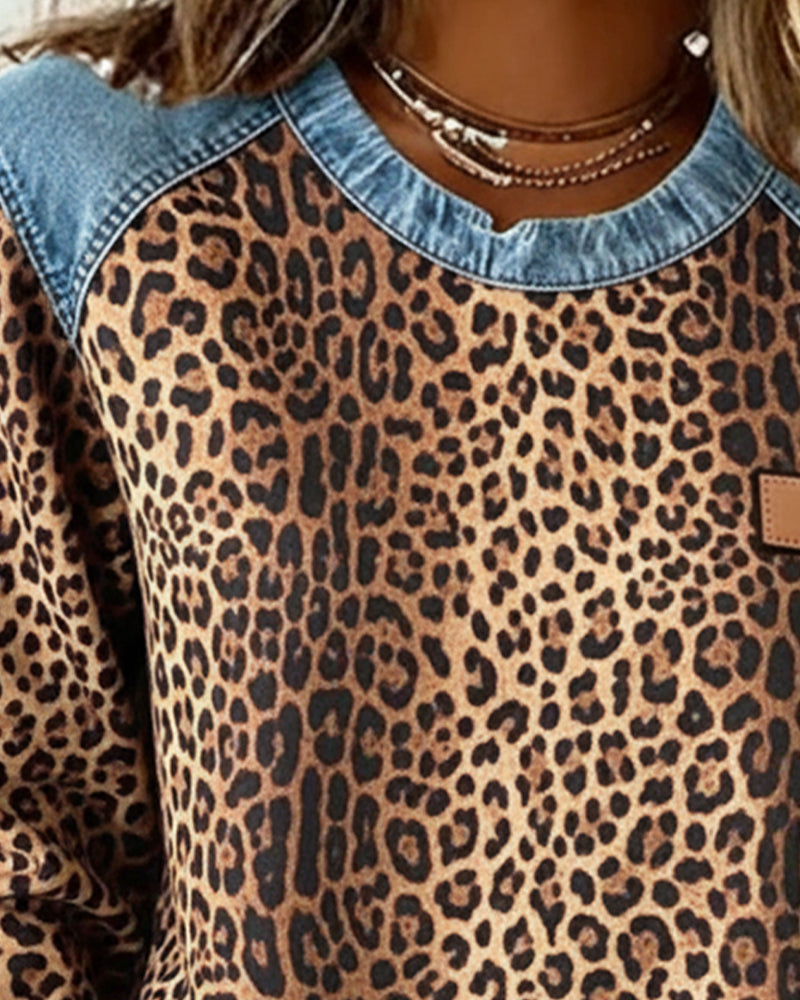 Sara™ | Sweatshirts en patchwork de denim léopard