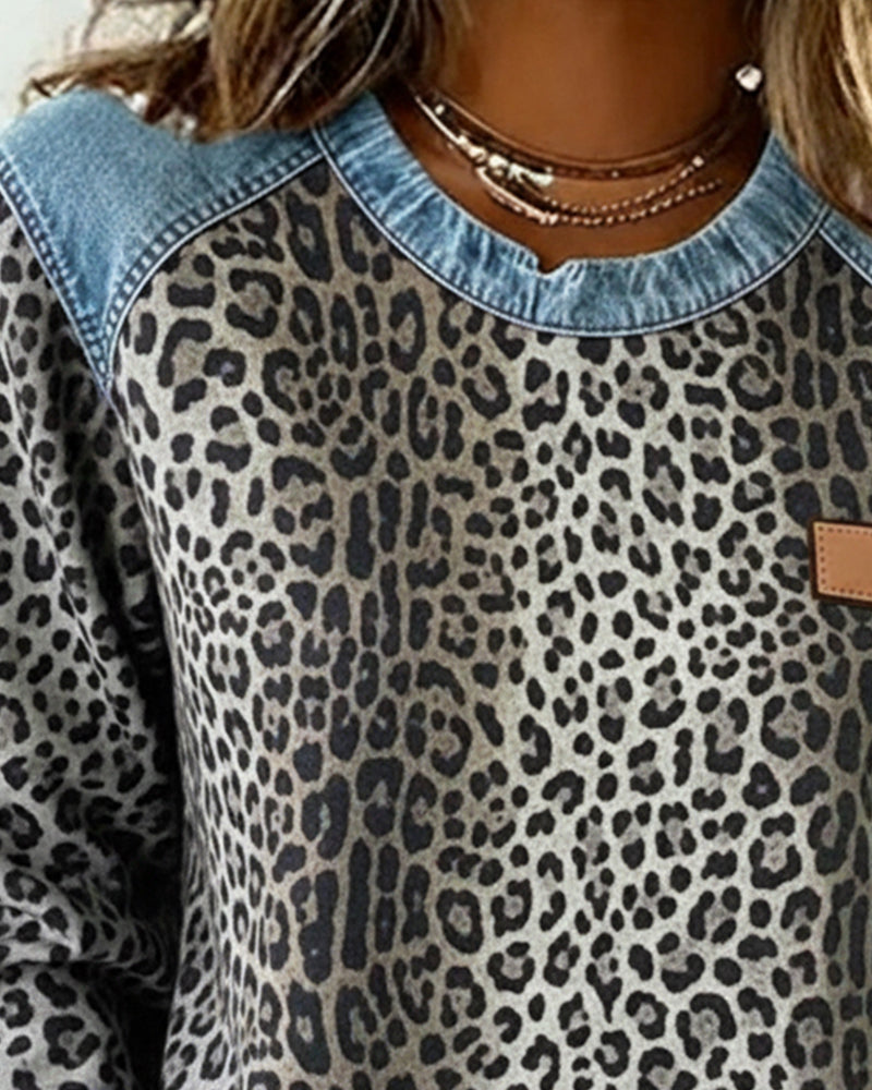 Sara™ | Sweatshirts en patchwork de denim léopard