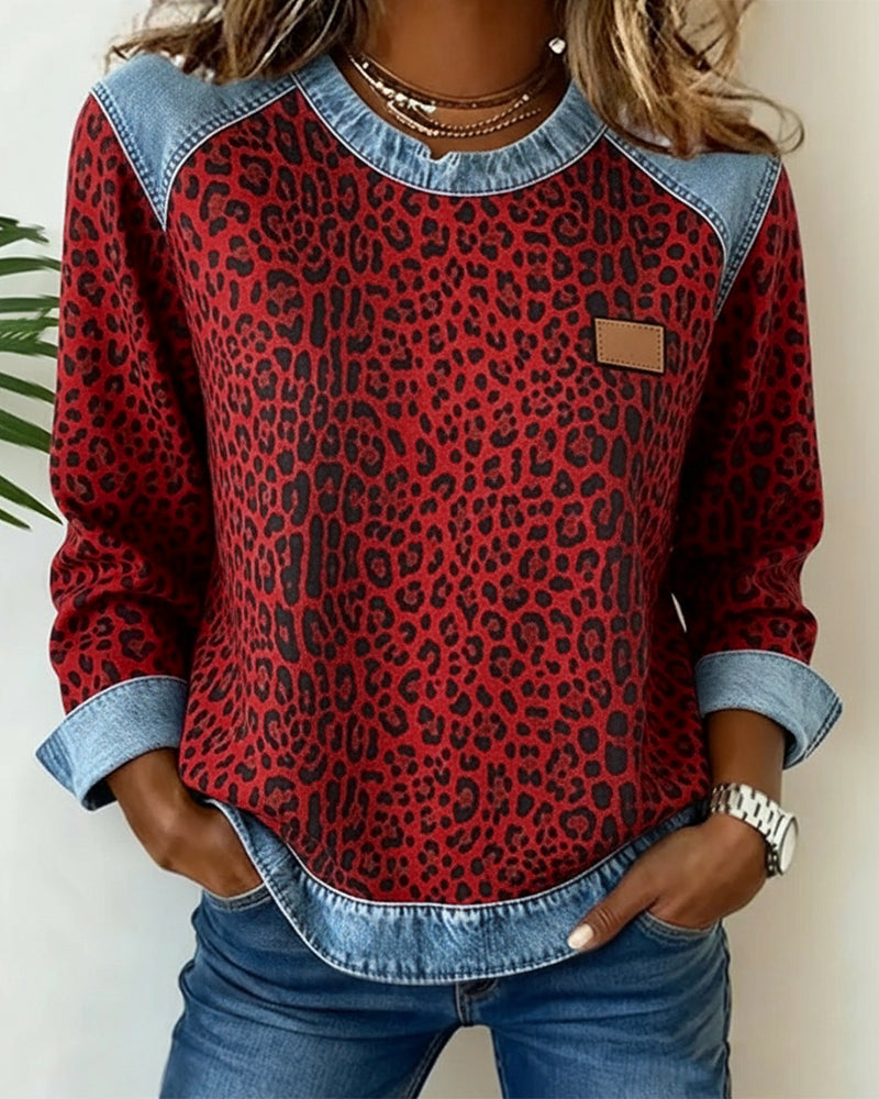 Sara™ | Sweatshirts en patchwork de denim léopard