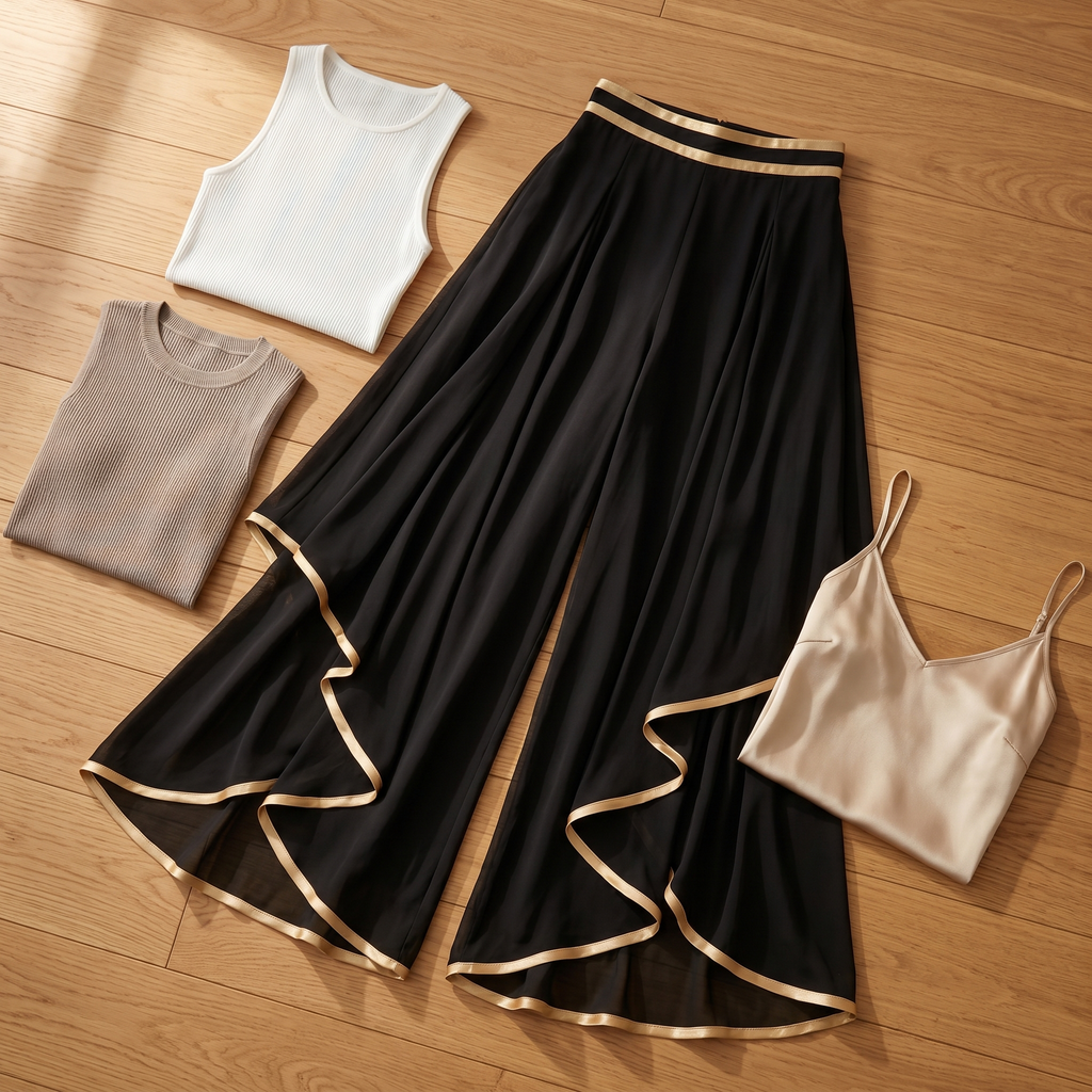 Pantalon Large Femme Florenza – Noir, Garniture Dorée