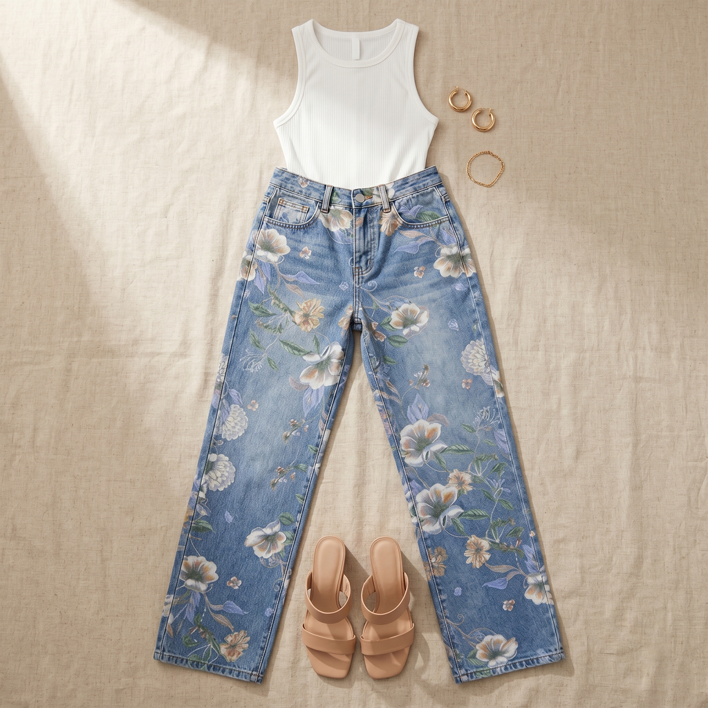 Jean Large Femme Blomara – Bleu Clair, Imprimé Floral