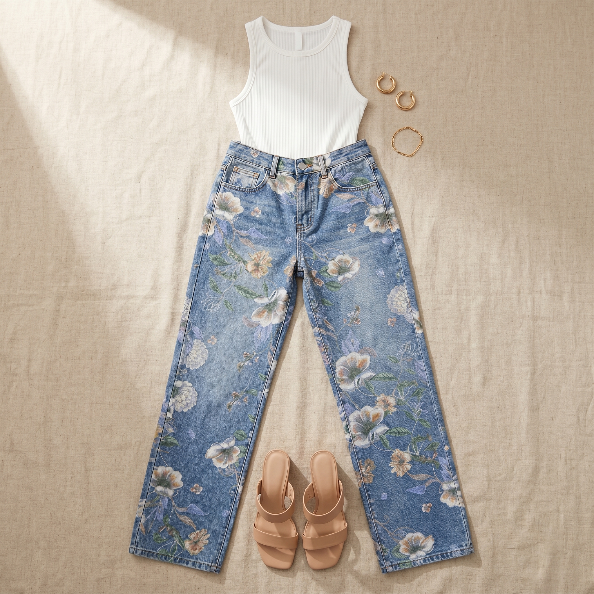 Jean Large Femme Blomara – Bleu Clair, Imprimé Floral