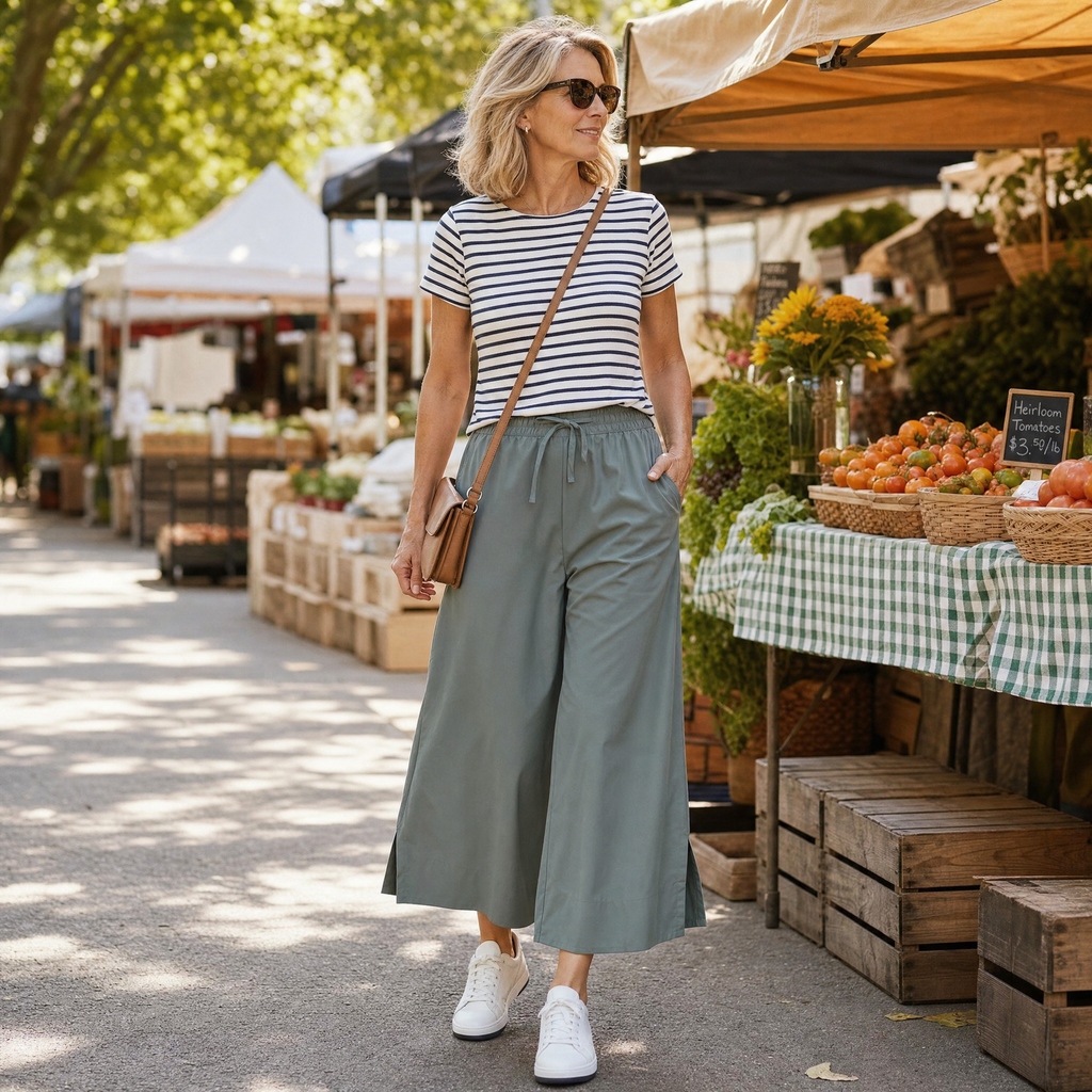 Pantalon Large Femme Veluna – Cropped, Style Épuré