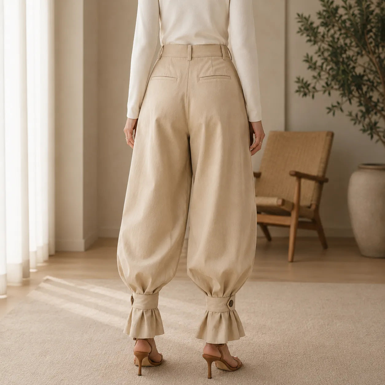 Pantalon Large Femme Marlow – Plissé, Poignets Nœud