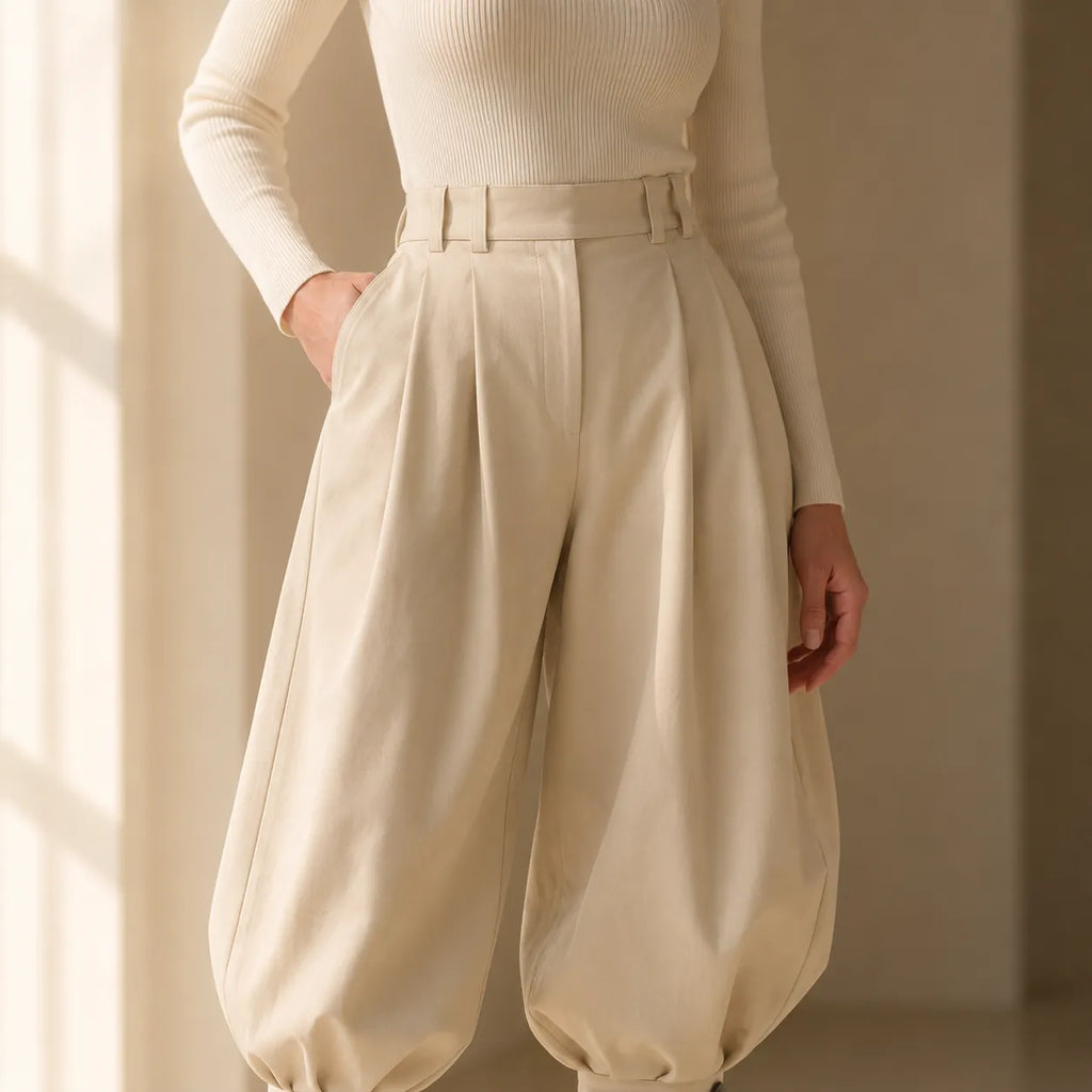 Pantalon Large Femme Marlow – Plissé, Poignets Nœud