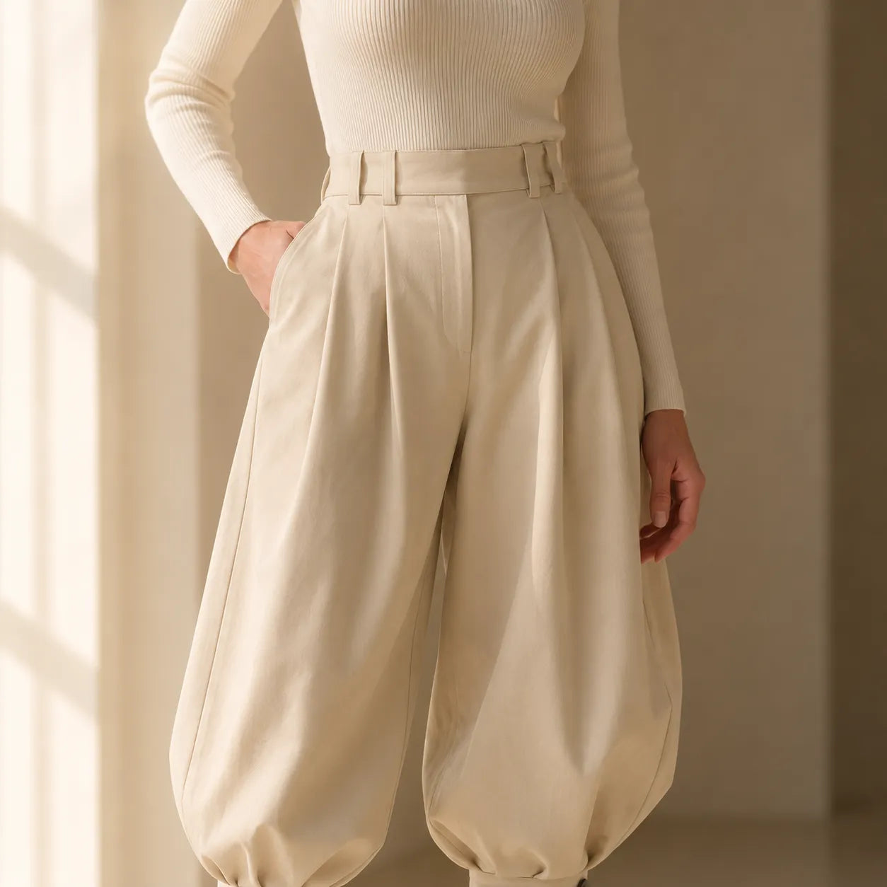 Pantalon Large Femme Marlow – Plissé, Poignets Nœud