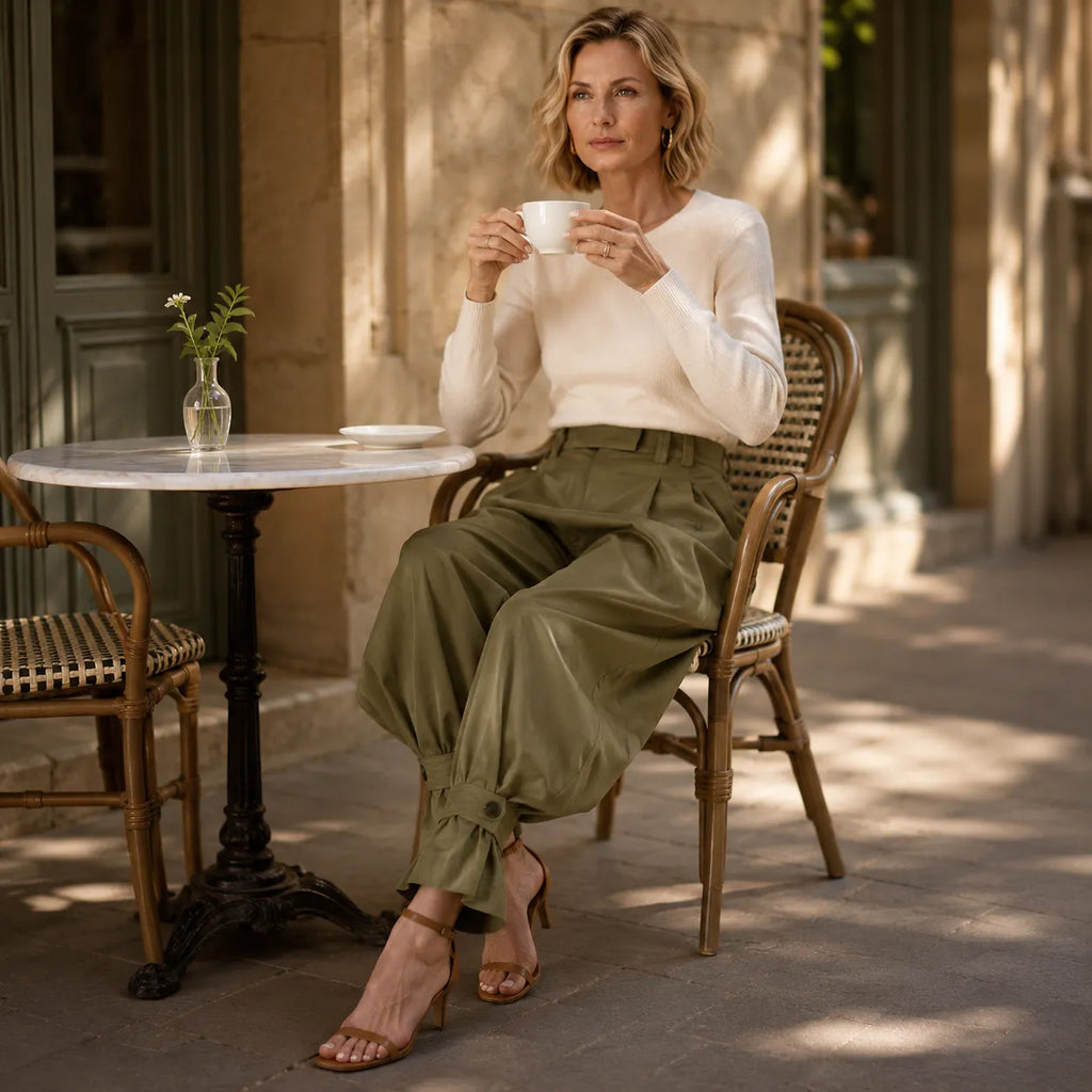 Pantalon Large Femme Marlow – Plissé, Poignets Nœud