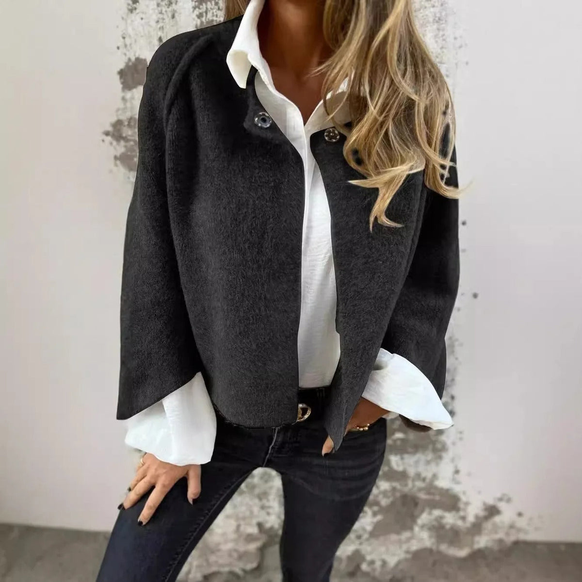 Henrike - Manteau en Laine avec Col Rond et Manches Longues