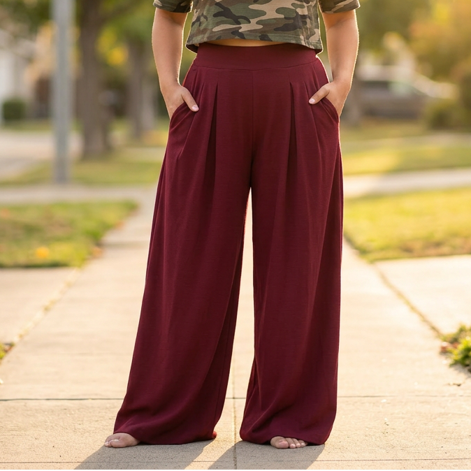 Pantalon Palazzo Femme Curvella – Plissé, Coupe Fluide