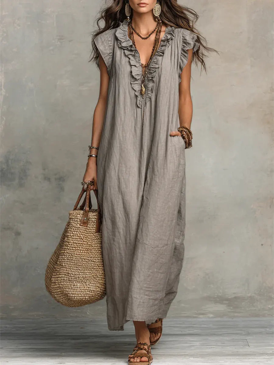 Izzellea - Robe Femme Longue Bohème Lin Coton Coupe Fluide Volants Élégants
