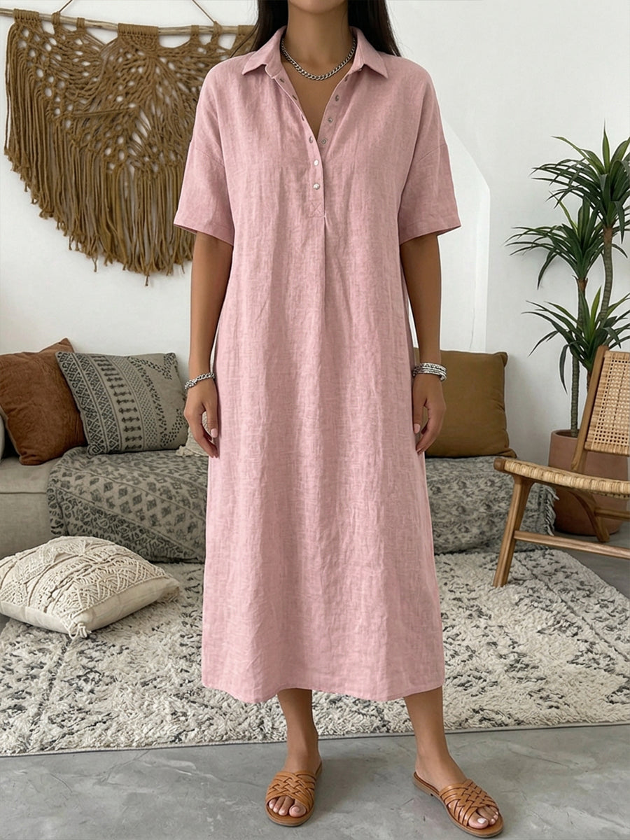 Iovelle - Robe Femme Polo Coton Lin Décontractée Été Manches Courtes