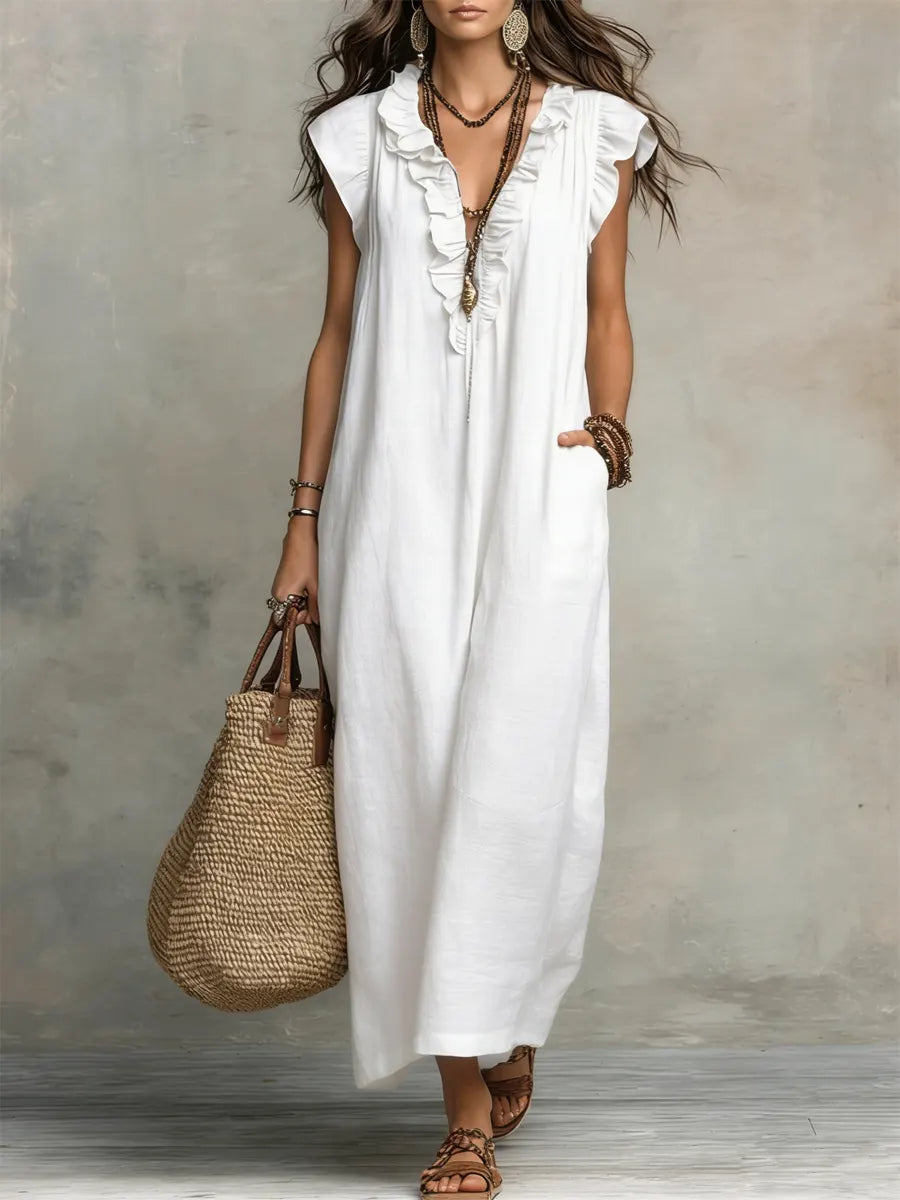 Izzellea - Robe Femme Longue Bohème Lin Coton Coupe Fluide Volants Élégants