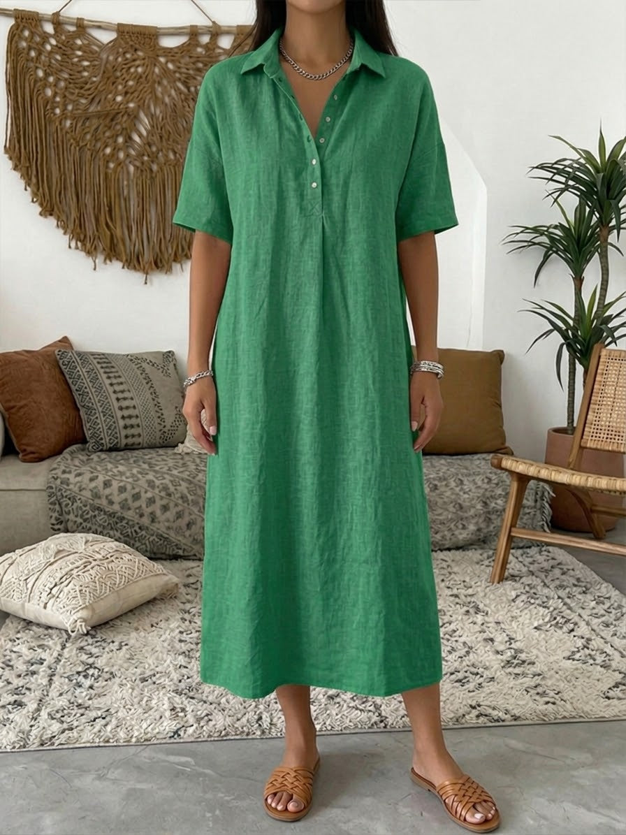 Iovelle - Robe Femme Polo Coton Lin Décontractée Été Manches Courtes