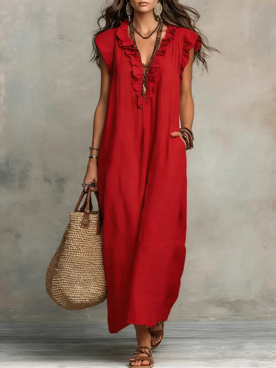 Izzellea - Robe Femme Longue Bohème Lin Coton Coupe Fluide Volants Élégants