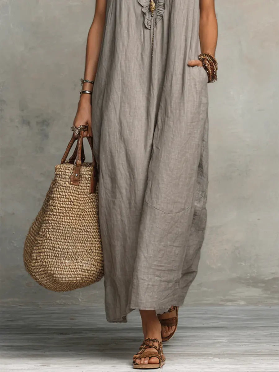 Izzellea - Robe Femme Longue Bohème Lin Coton Coupe Fluide Volants Élégants