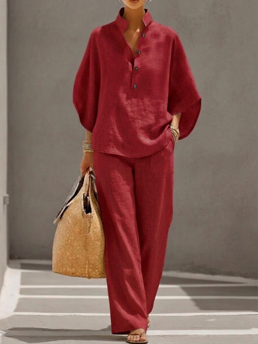 Daxira - Ensemble Femme Coton Lin Deux Pièces Manches Chauve-Souris Pantalon Large