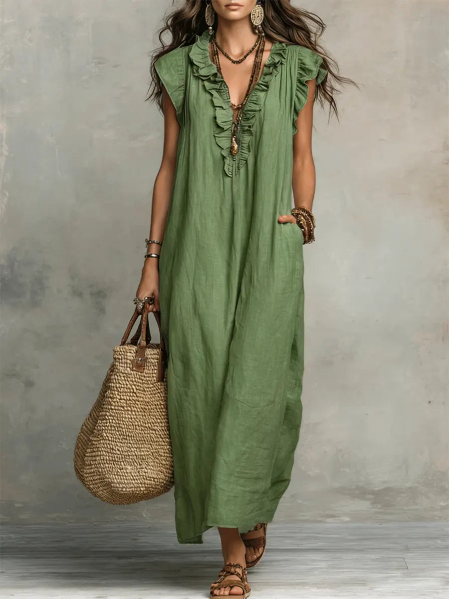 Izzellea - Robe Femme Longue Bohème Lin Coton Coupe Fluide Volants Élégants