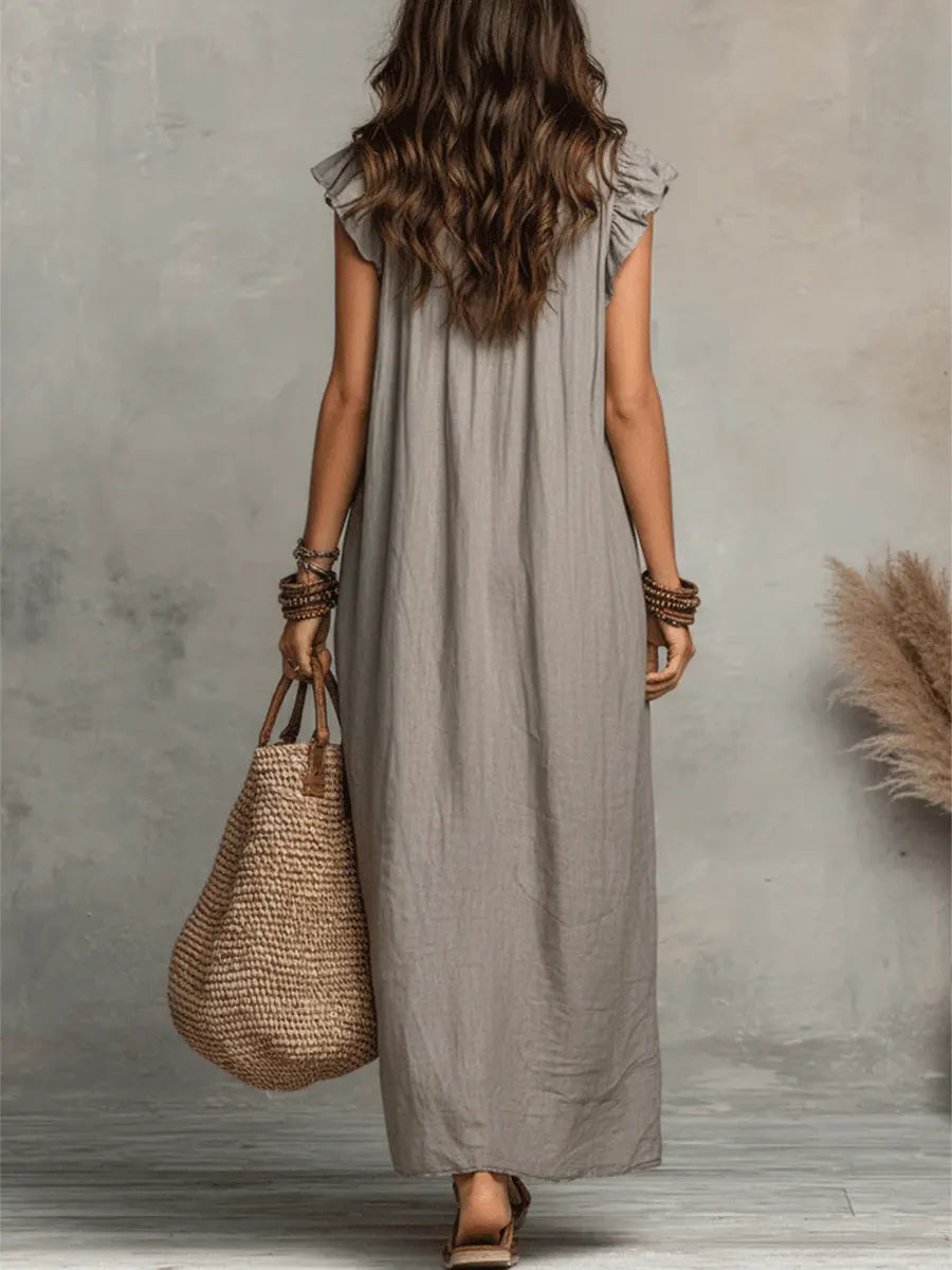 Izzellea - Robe Femme Longue Bohème Lin Coton Coupe Fluide Volants Élégants