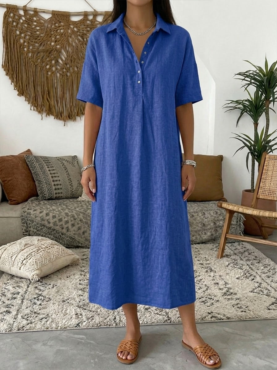 Iovelle - Robe Femme Polo Coton Lin Décontractée Été Manches Courtes