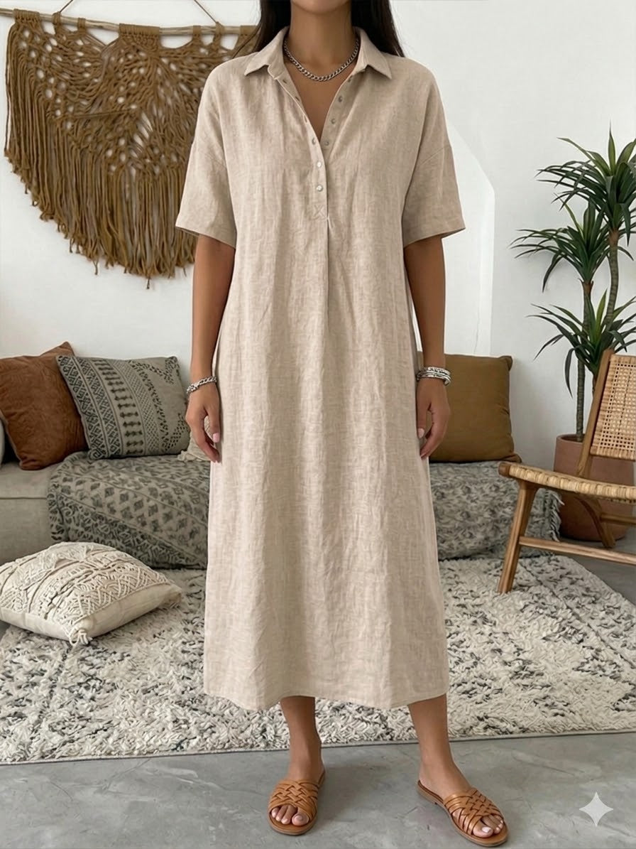 Iovelle - Robe Femme Polo Coton Lin Décontractée Été Manches Courtes