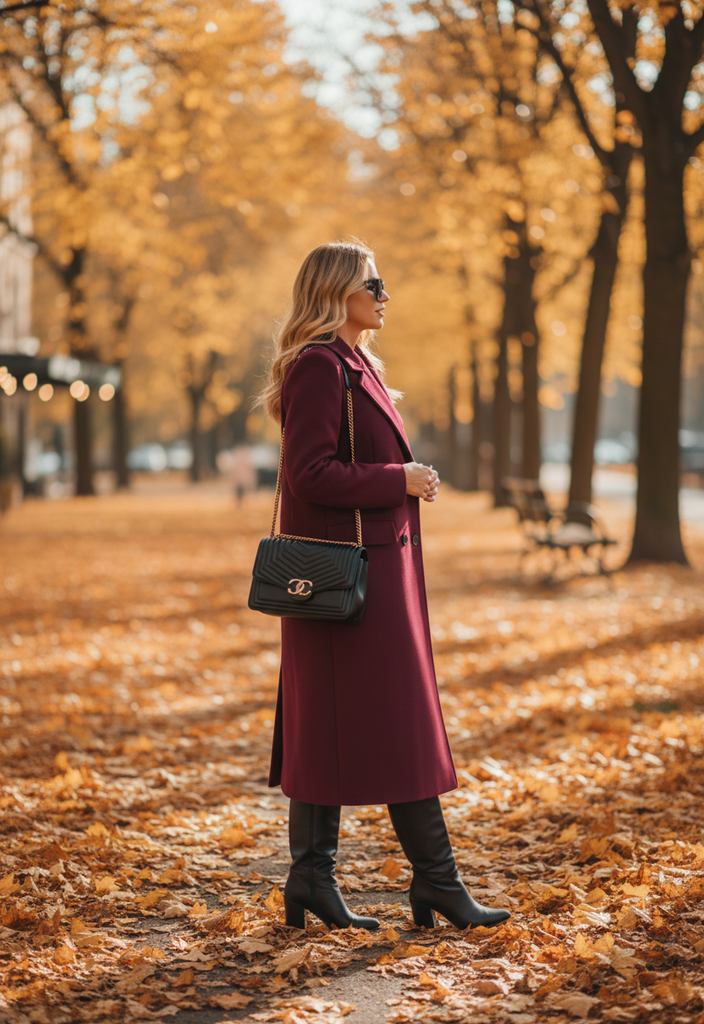Manteau Stephanie – Élégante veste d'hiver longue couleur bordeaux.