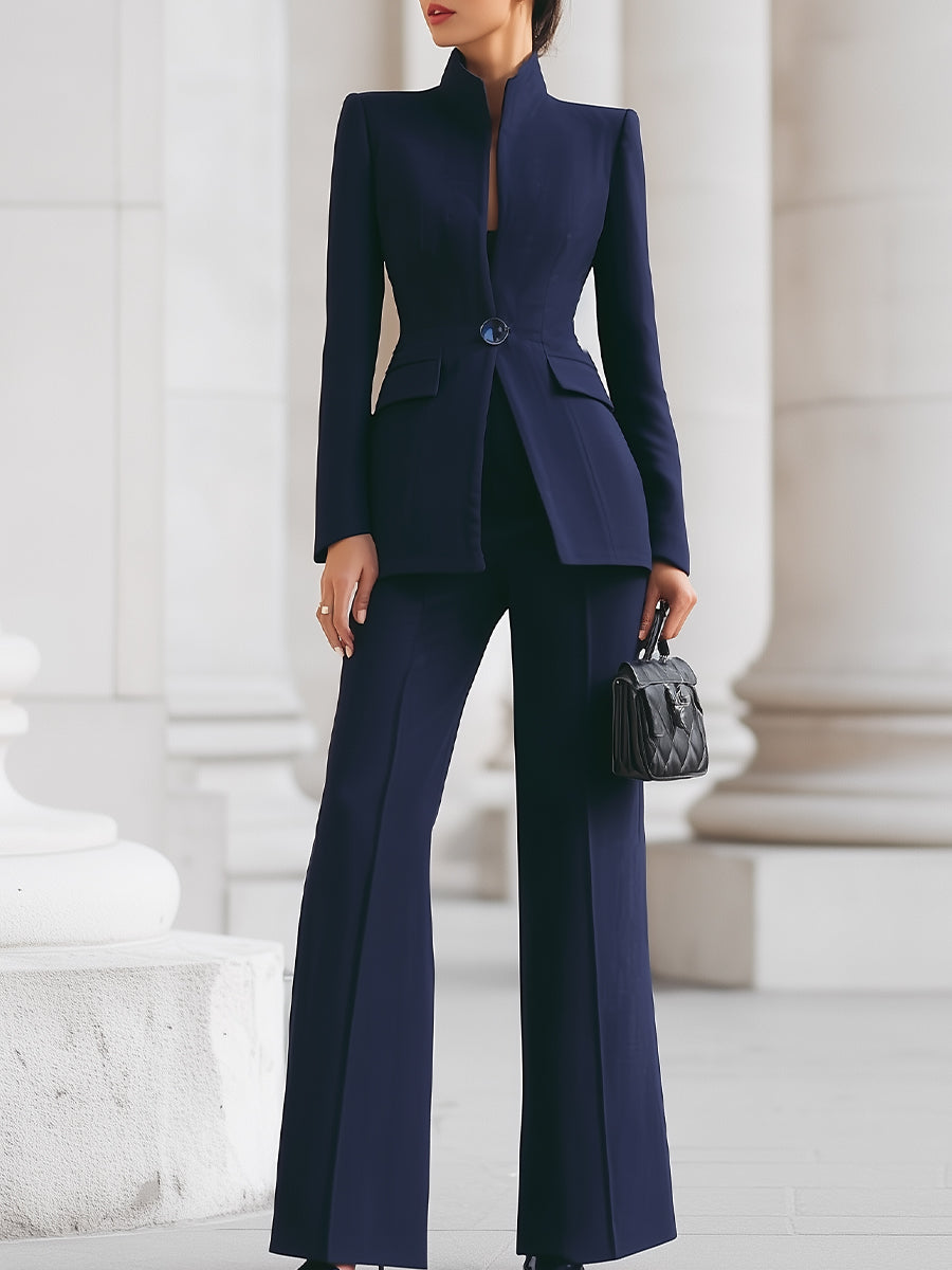 Costume Bleu Marine avec Blazer à Col Montant et Pantalons à Jambes Larges