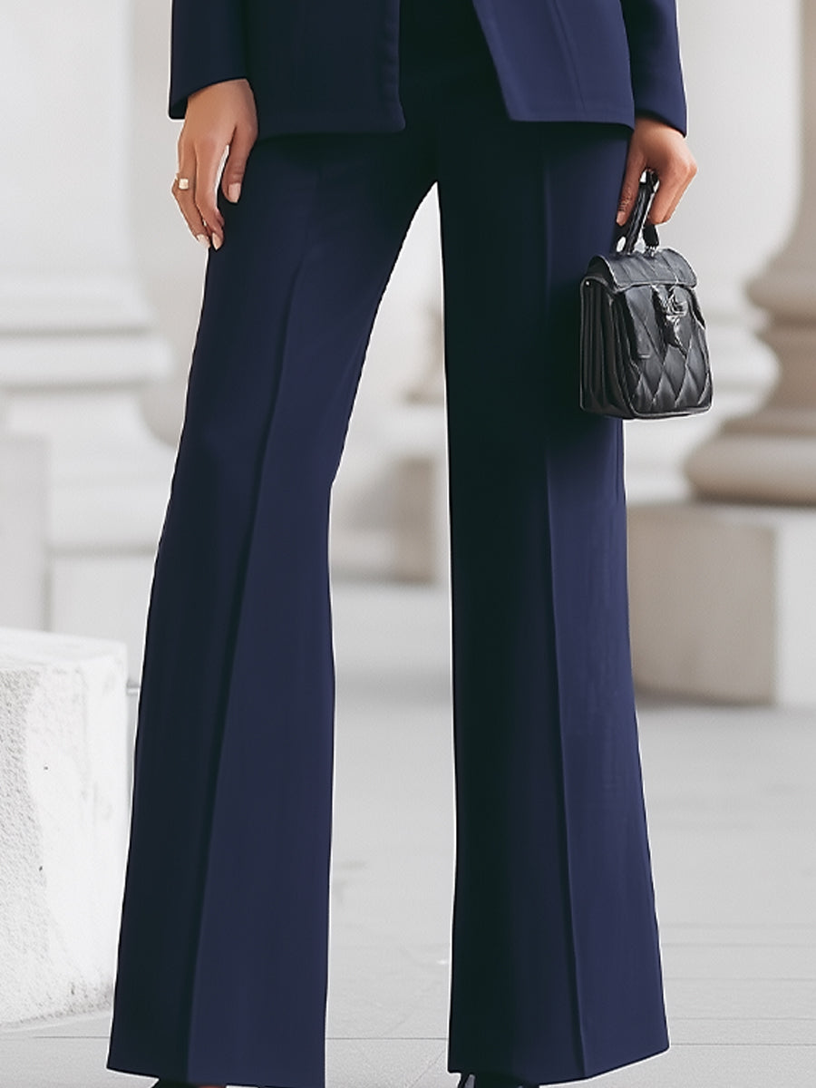 Costume Bleu Marine avec Blazer à Col Montant et Pantalons à Jambes Larges
