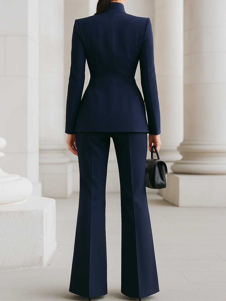 Costume Bleu Marine avec Blazer à Col Montant et Pantalons à Jambes Larges