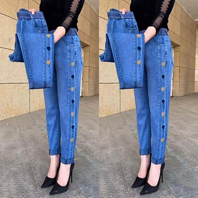 Soraya - Jeans hautement élastiques pour femmes avec broderie de motif cœur